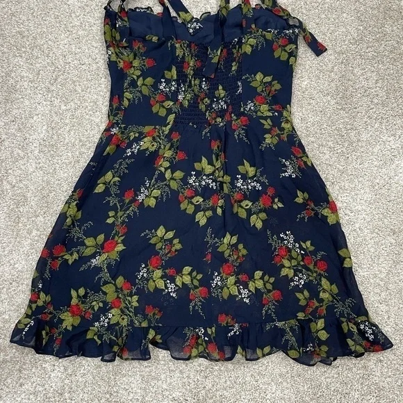 REFORMATION Christine Mini Dress in Bordeaux (Navy Blue W Roses ) Size-10 (B177)